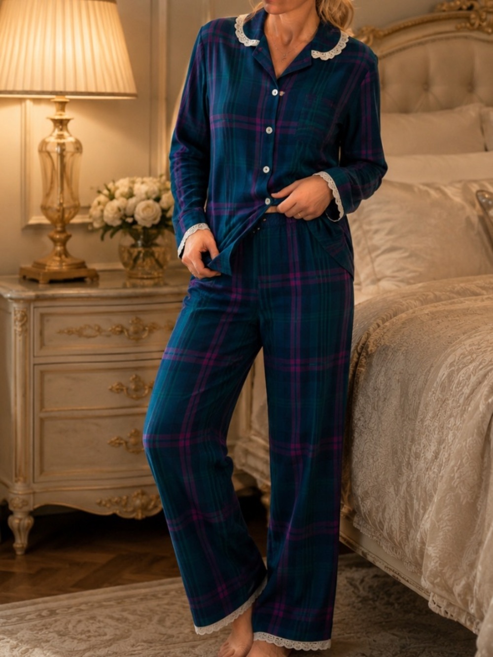 New Plaid Women's Pajama Set - Teal and Purple size S 100% cotton size S, L